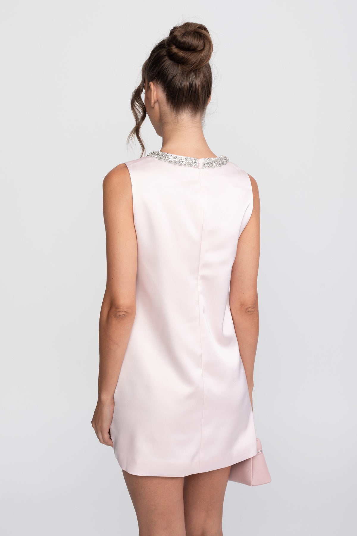 Satin Shift Mini Dress with Crystal Clusters and Bow – Pink – view 13