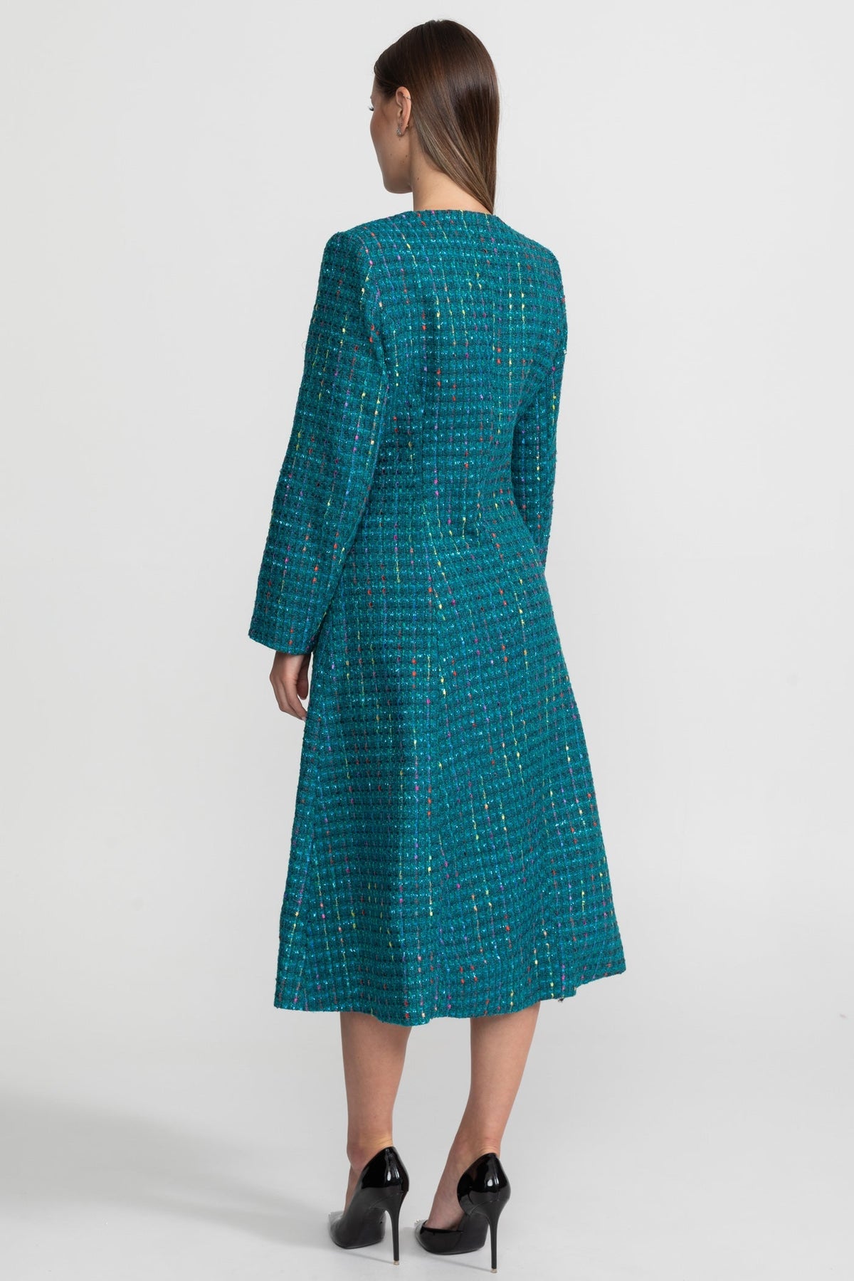 Tweed Structured Shoulder Midi Dress with Gold-Tone Buttons – Teal – view 7