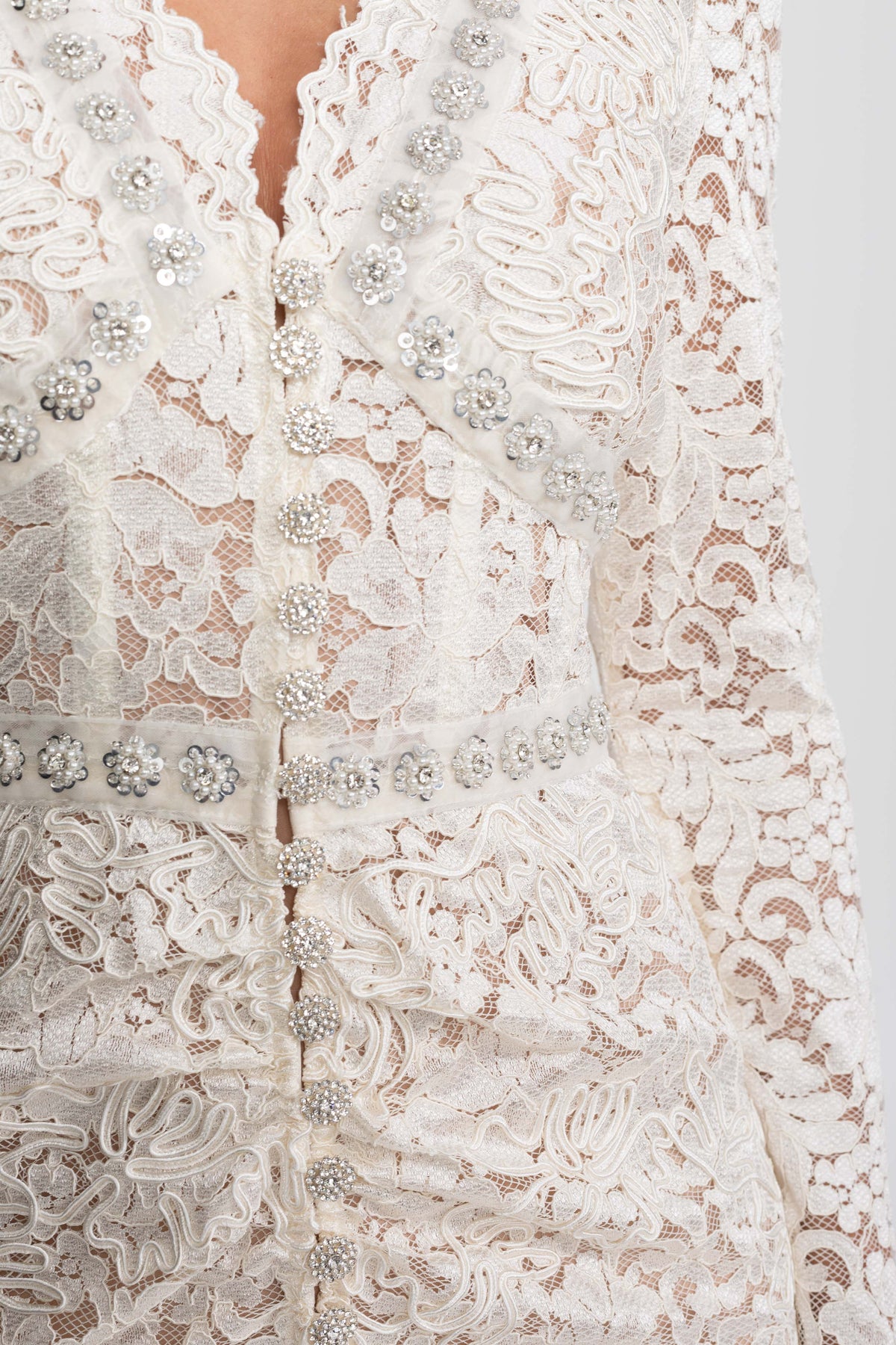 Lace Long Sleeve Dress with Crystal V-Neckline and Ruched Front – Ivory – view 8