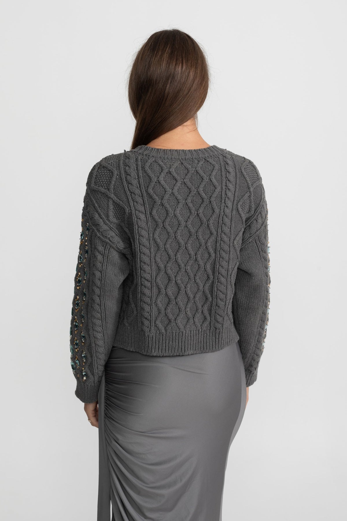 Cropped Embellished Cable Knit Cardigan with Gem Detailing – Charcoal Grey – view 6