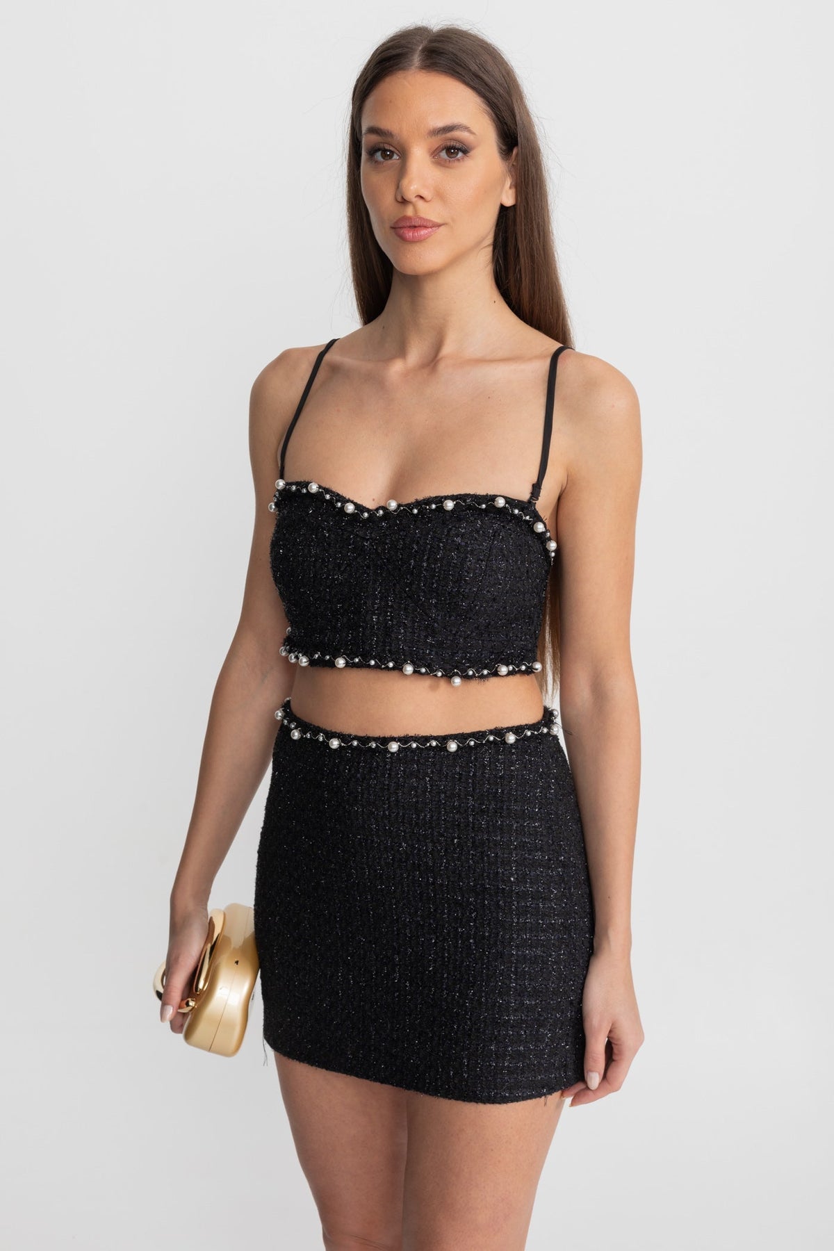 Pearl Trim Tweed Bustier Top and Mini Skirt Co-ord Set – Black – view 5