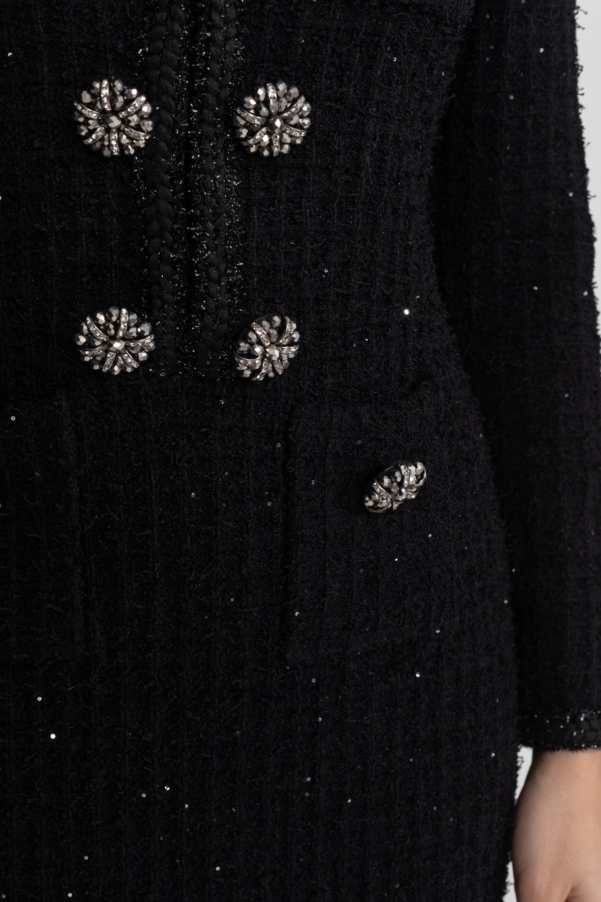 Long Sleeve Tweed Midi Dress with Crystal Buttons – Black – view 8