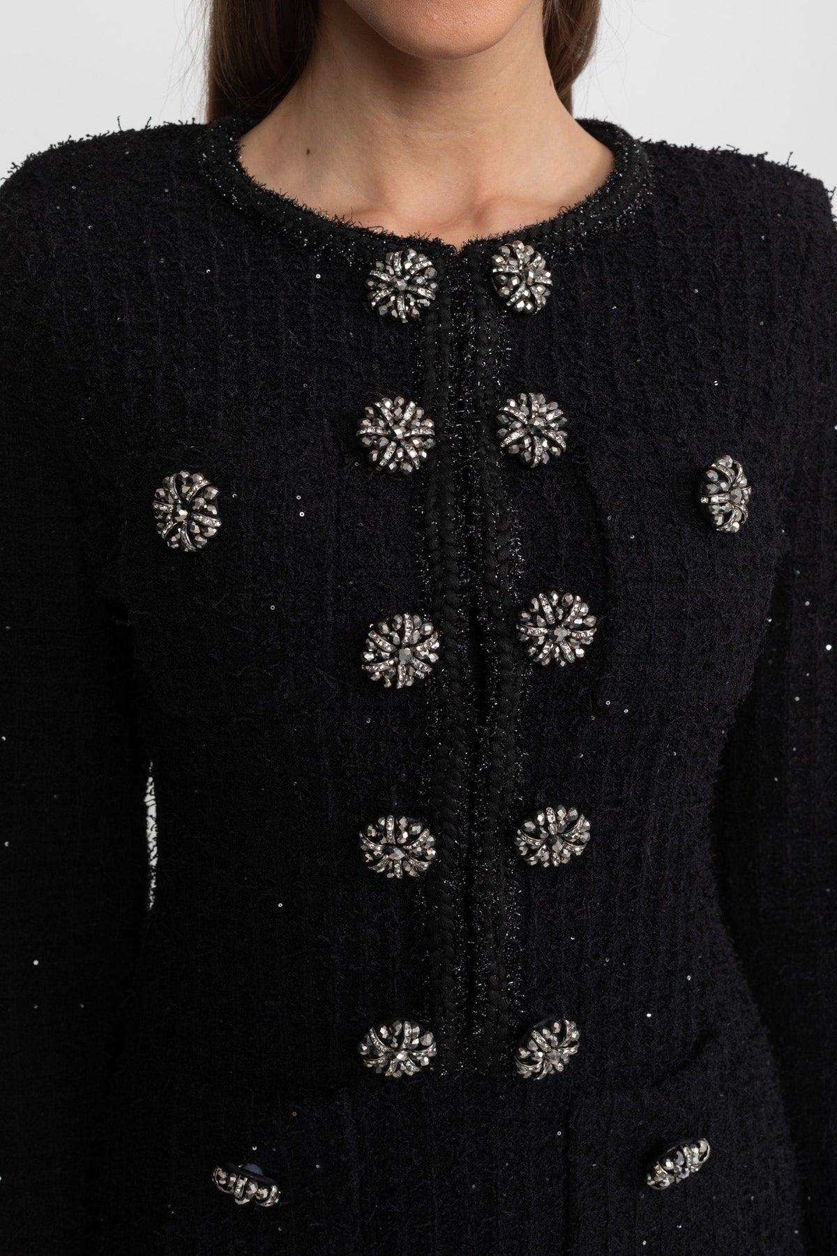 Long Sleeve Tweed Midi Dress with Crystal Buttons – Black – view 7
