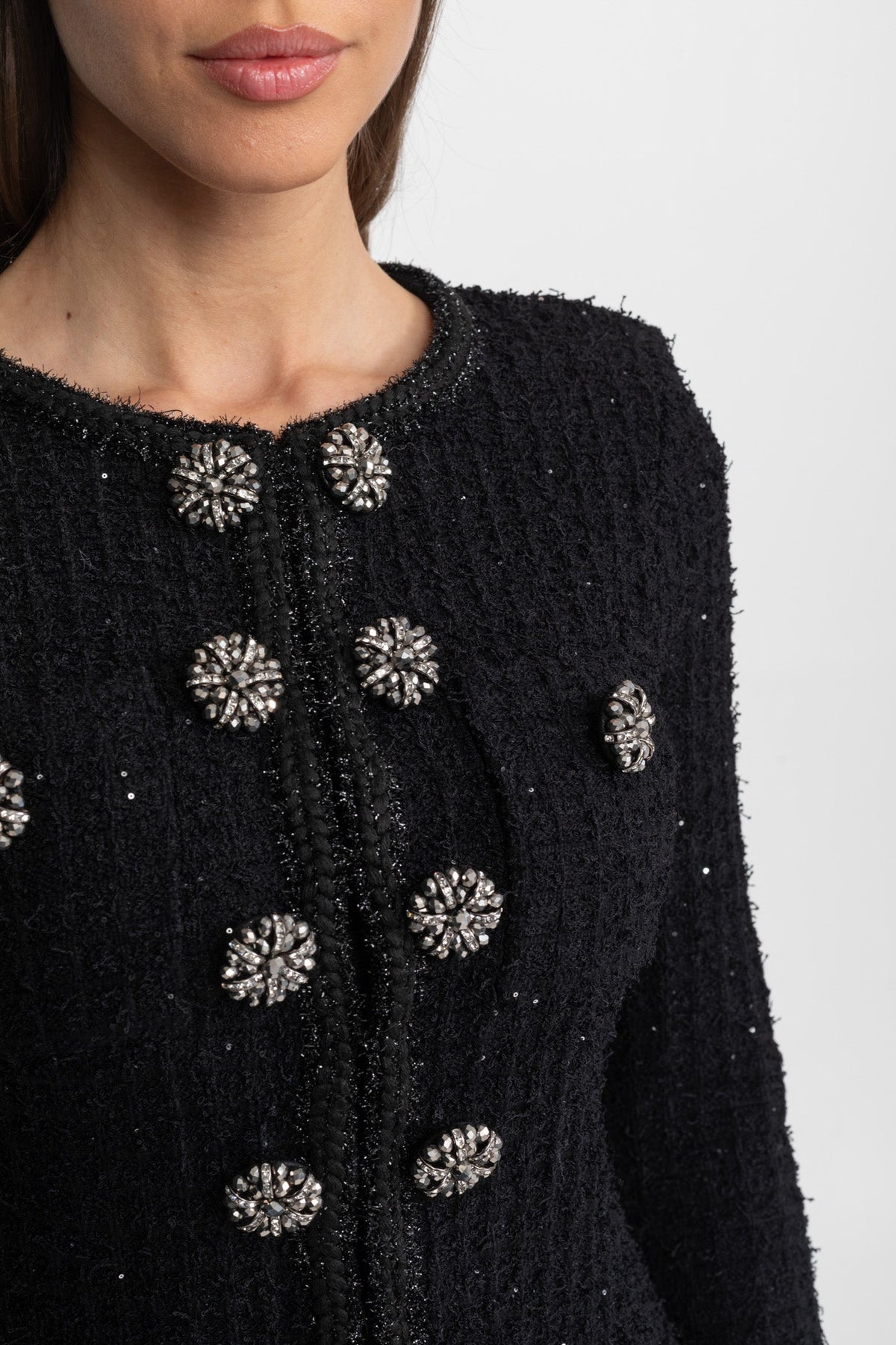 Long Sleeve Tweed Midi Dress with Crystal Buttons – Black – view 6