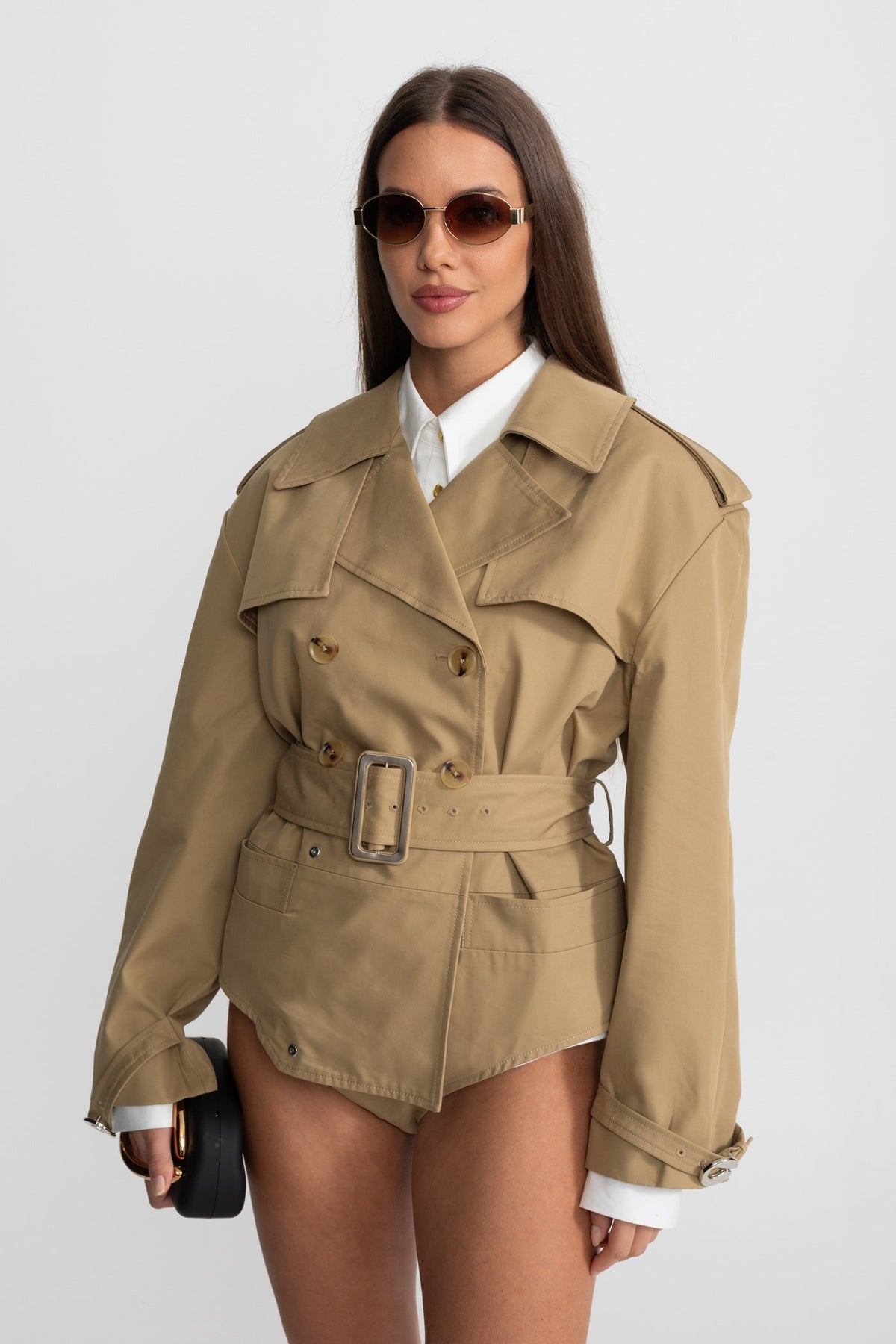 Trench Bodysuit Jacket with Belted Waist and Notched Lapel – Beige – view 3