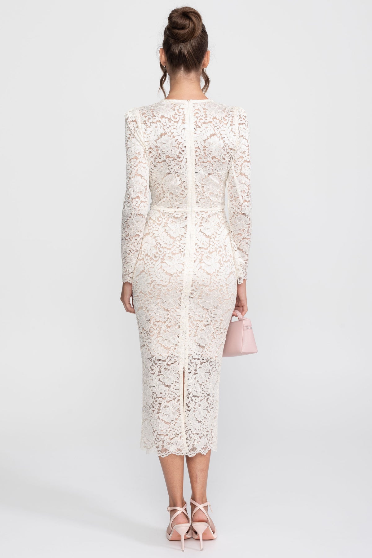 Lace Long Sleeve Dress with Crystal V-Neckline and Ruched Front – Ivory