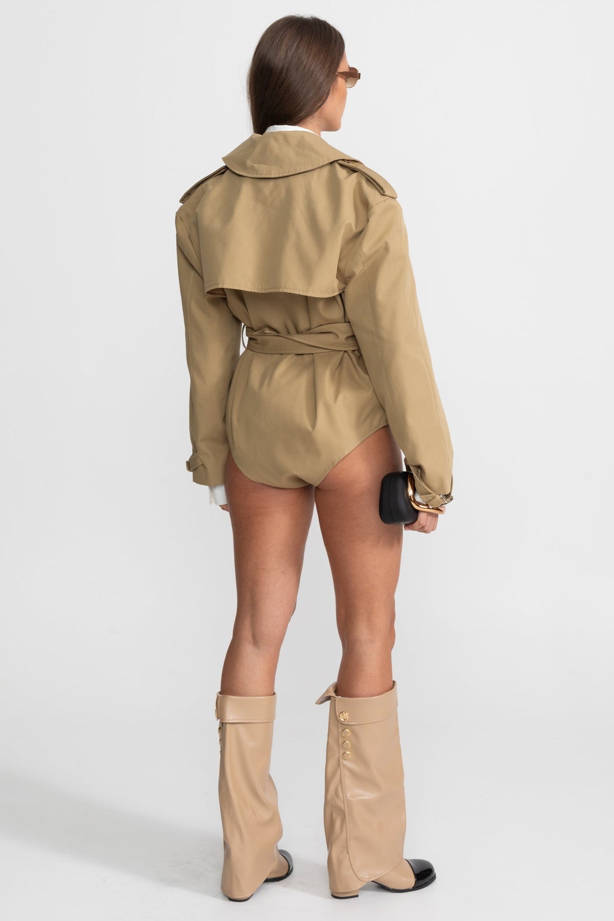 Trench Bodysuit Jacket with Belted Waist and Notched Lapel – Beige – view 4