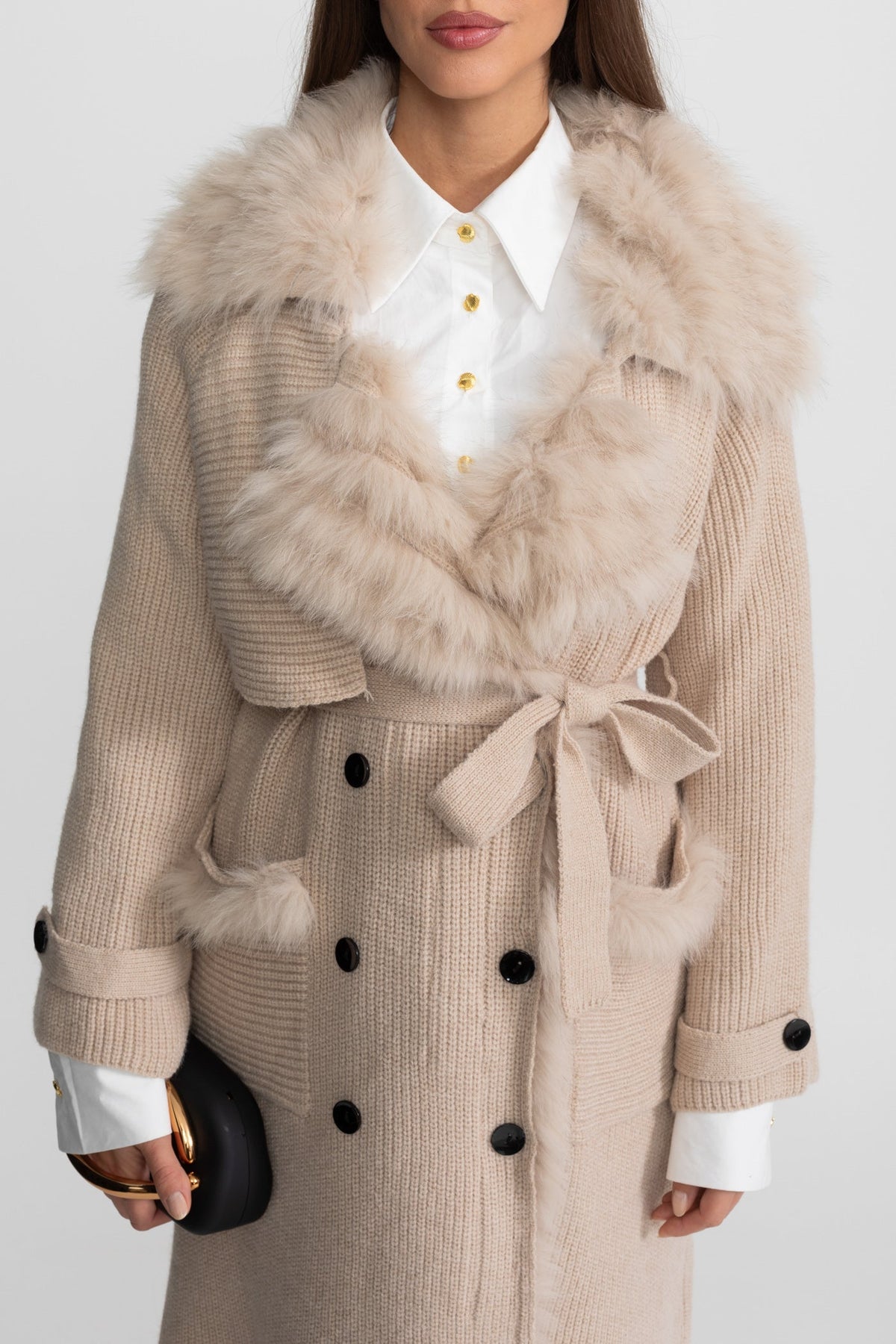 Double-Breasted Wool Knit Belted Overcoat with Collar Trim – Beige – view 5