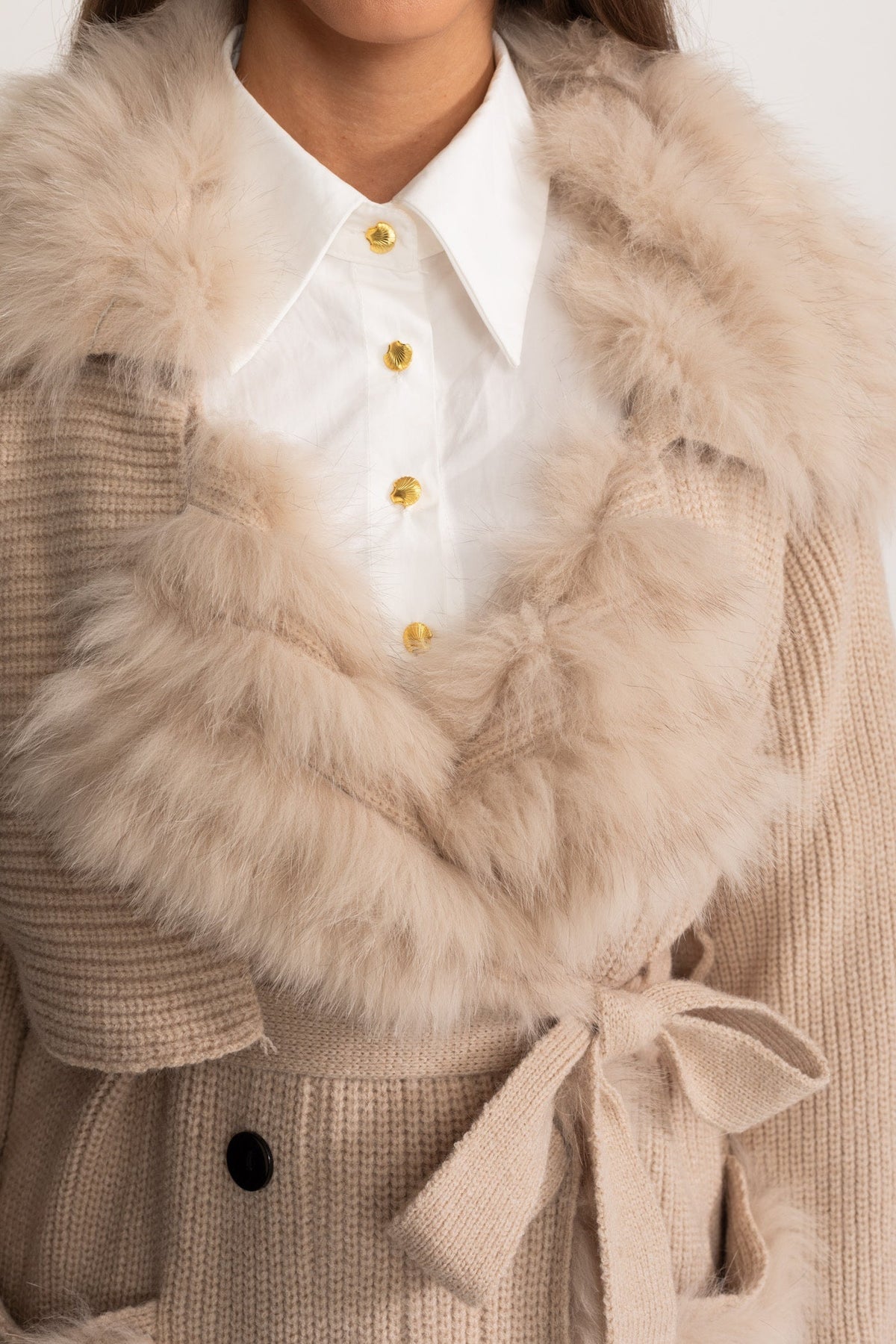 Double-Breasted Wool Knit Belted Overcoat with Collar Trim – Beige – view 6