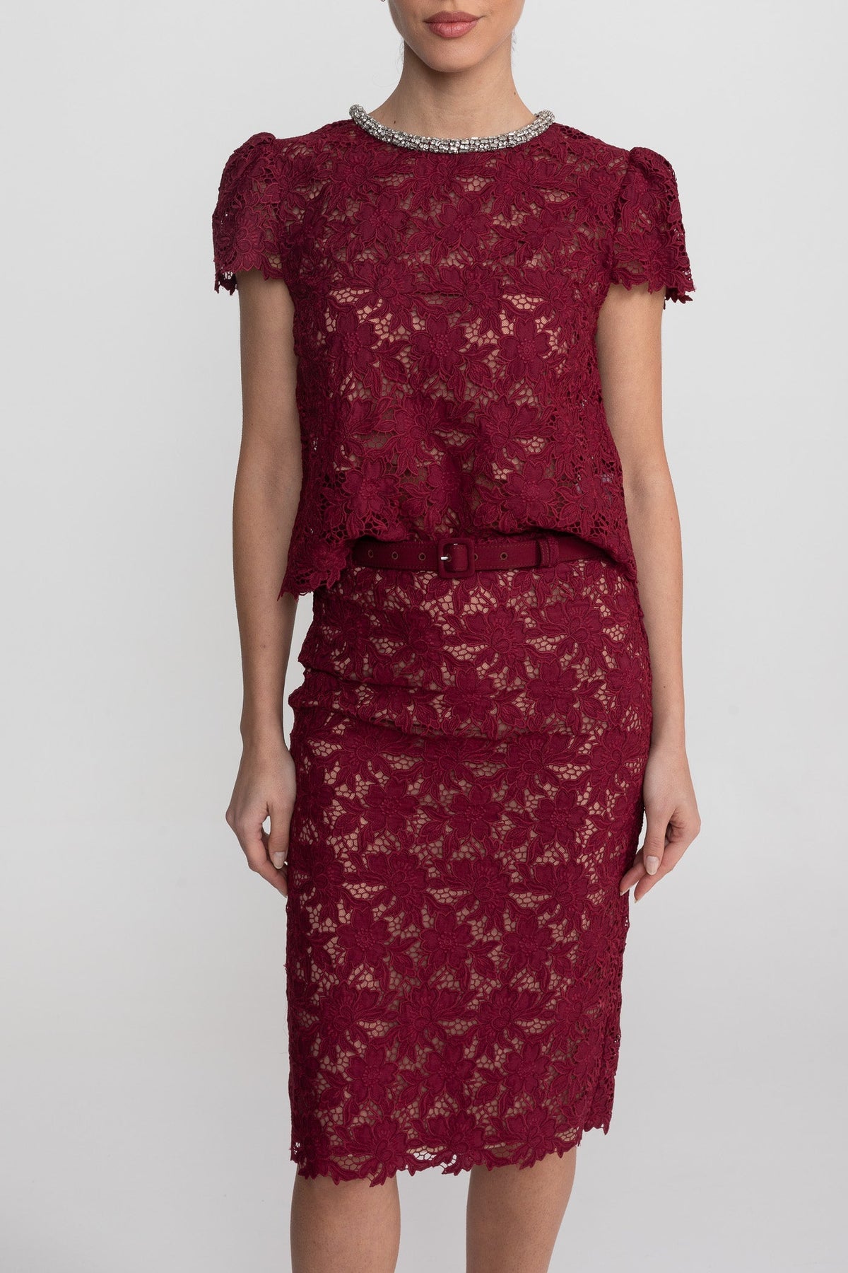 Floral Lace Short Sleeve Top and Midi Skirt Set with Crystal Neckline – Burgundy – view 6