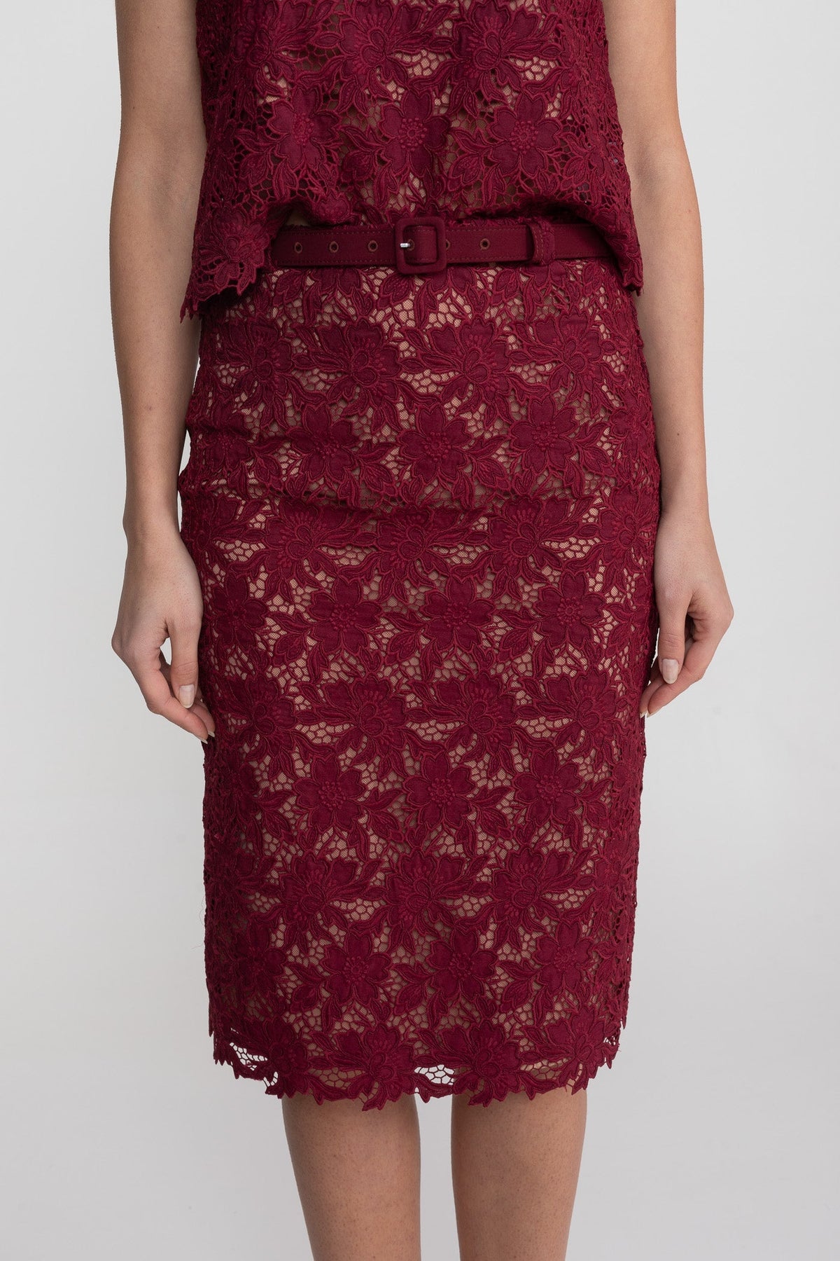 Floral Lace Short Sleeve Top and Midi Skirt Set with Crystal Neckline – Burgundy – view 7