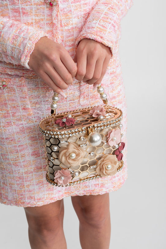 Embellished Floral Box Clutch with Pearl Handle – Gold – view 2