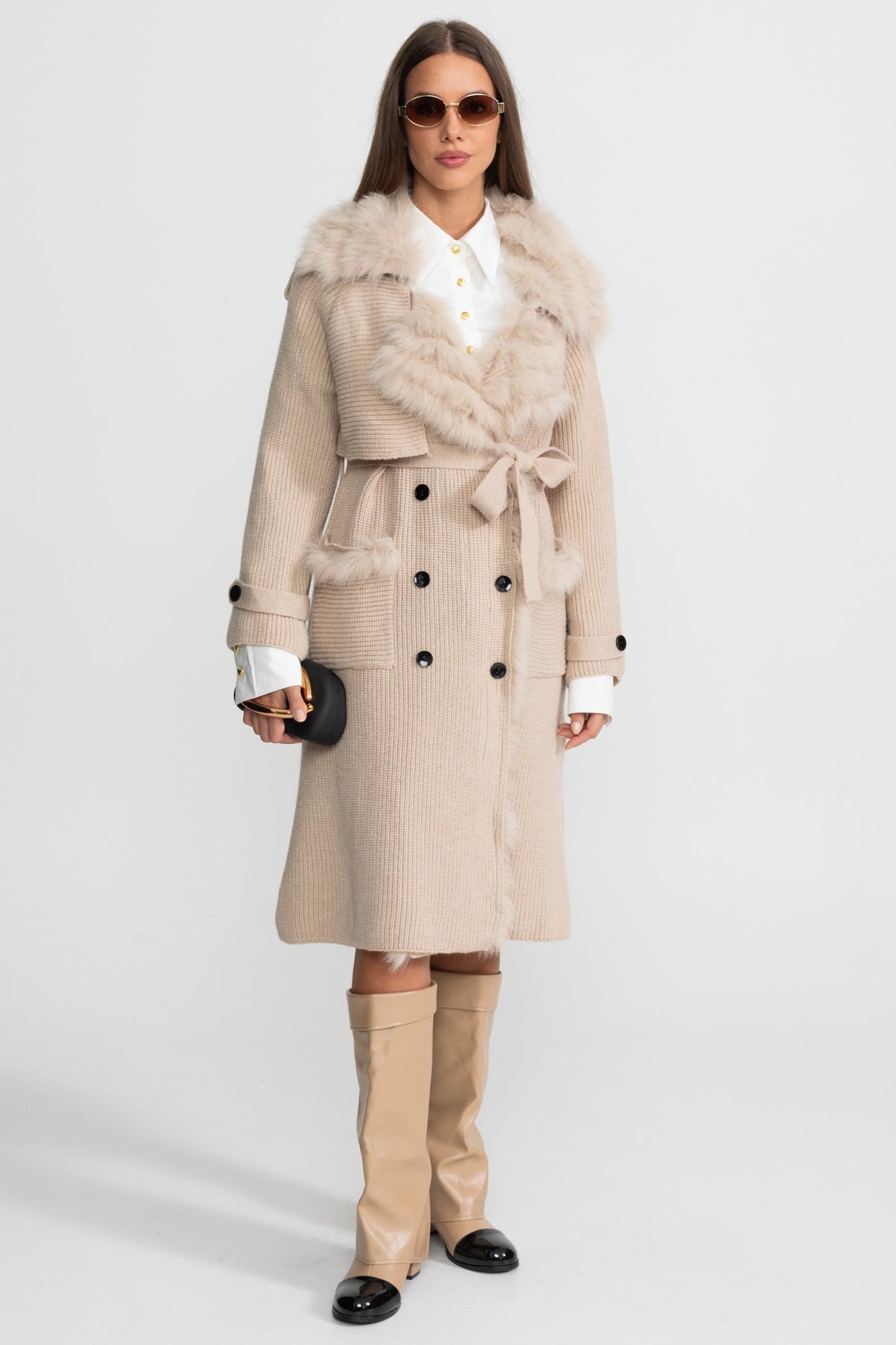 Double-Breasted Wool Knit Belted Overcoat with Collar Trim – Beige – view 2