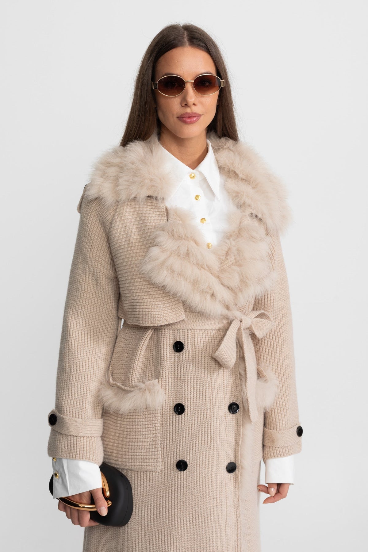 Double-Breasted Wool Knit Belted Overcoat with Collar Trim – Beige – view 7