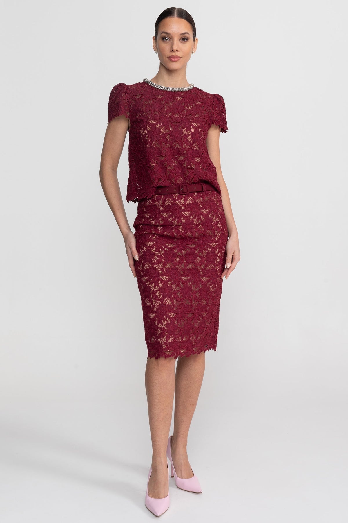 Floral Lace Short Sleeve Top and Midi Skirt Set with Crystal Neckline – Burgundy – view 4