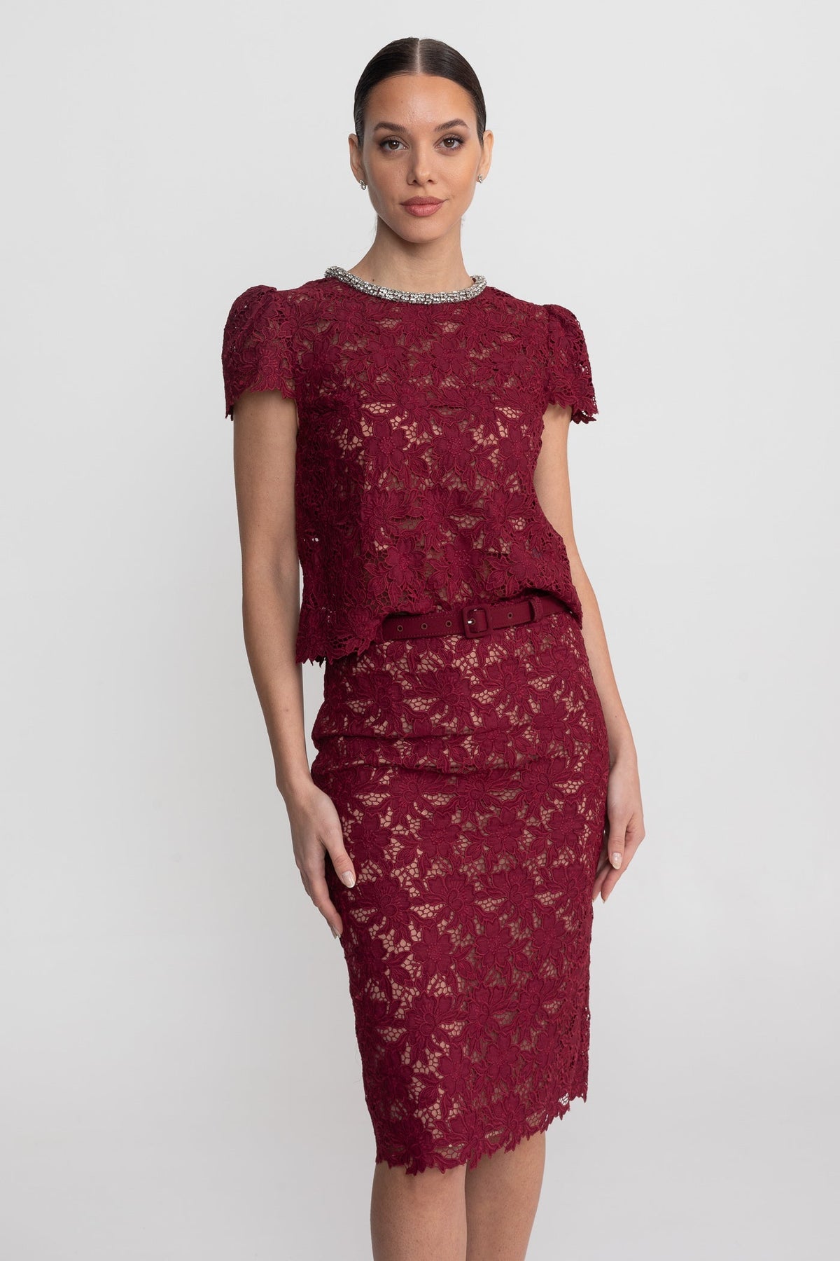 Floral Lace Short Sleeve Top and Midi Skirt Set with Crystal Neckline – Burgundy – view 3