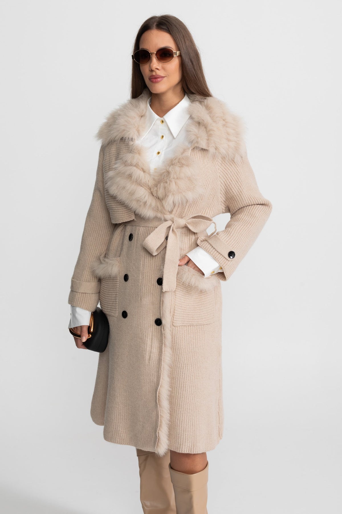 Double-Breasted Wool Knit Belted Overcoat with Collar Trim – Beige – view 4
