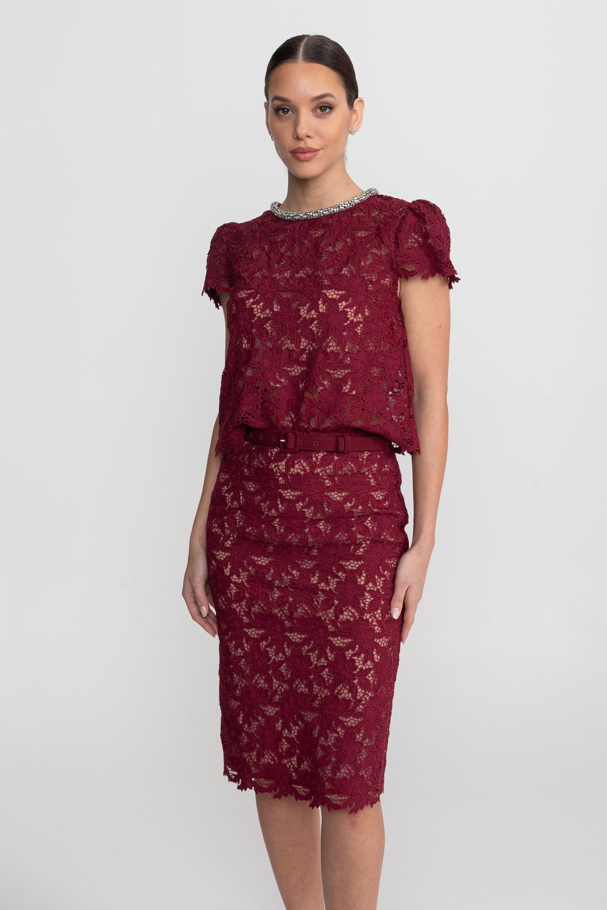 Floral Lace Short Sleeve Top and Midi Skirt Set with Crystal Neckline – Burgundy – view 8