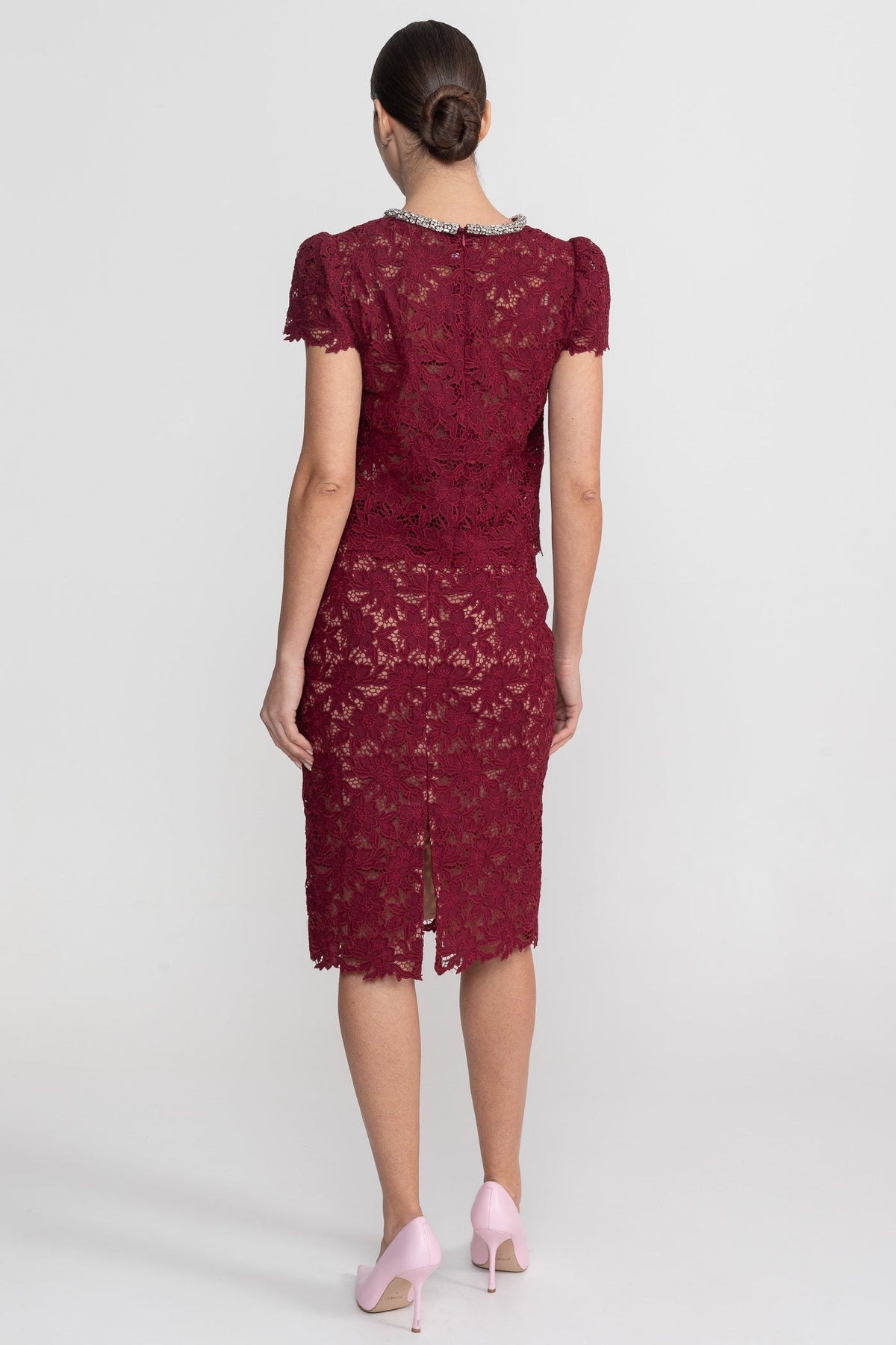 Floral Lace Short Sleeve Top and Midi Skirt Set with Crystal Neckline – Burgundy – view 5