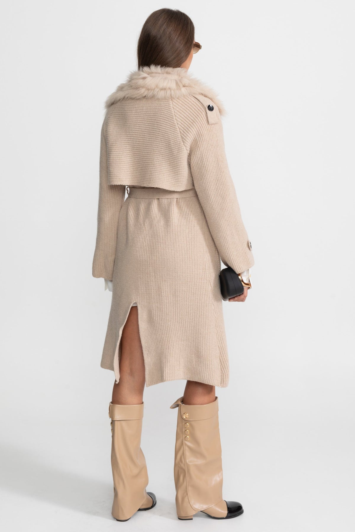 Double-Breasted Wool Knit Belted Overcoat with Collar Trim – Beige – view 8