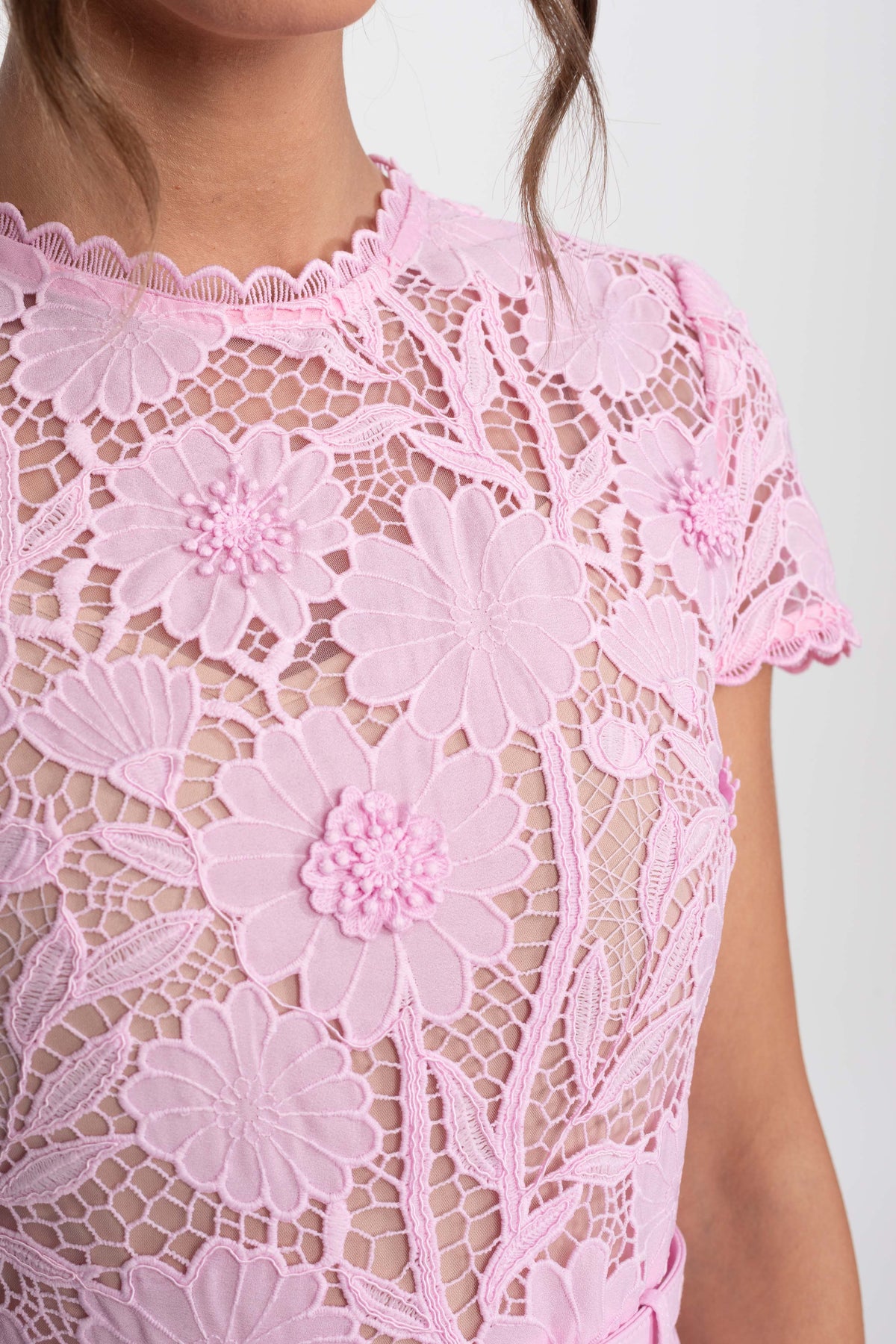 Guipure Lace Scalloped Round Neck Belted A-Line Dress – Pink – view 6
