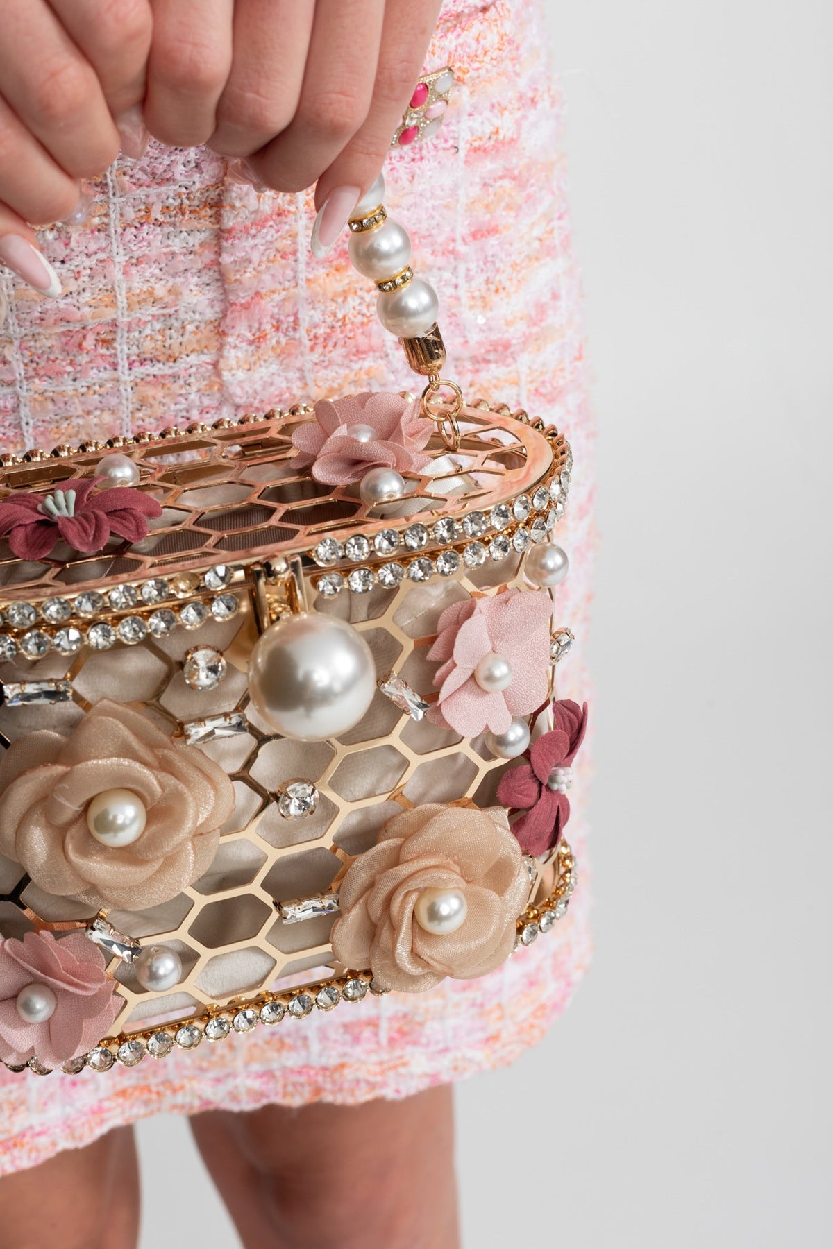 Embellished Floral Box Clutch with Pearl Handle – Gold – view 3