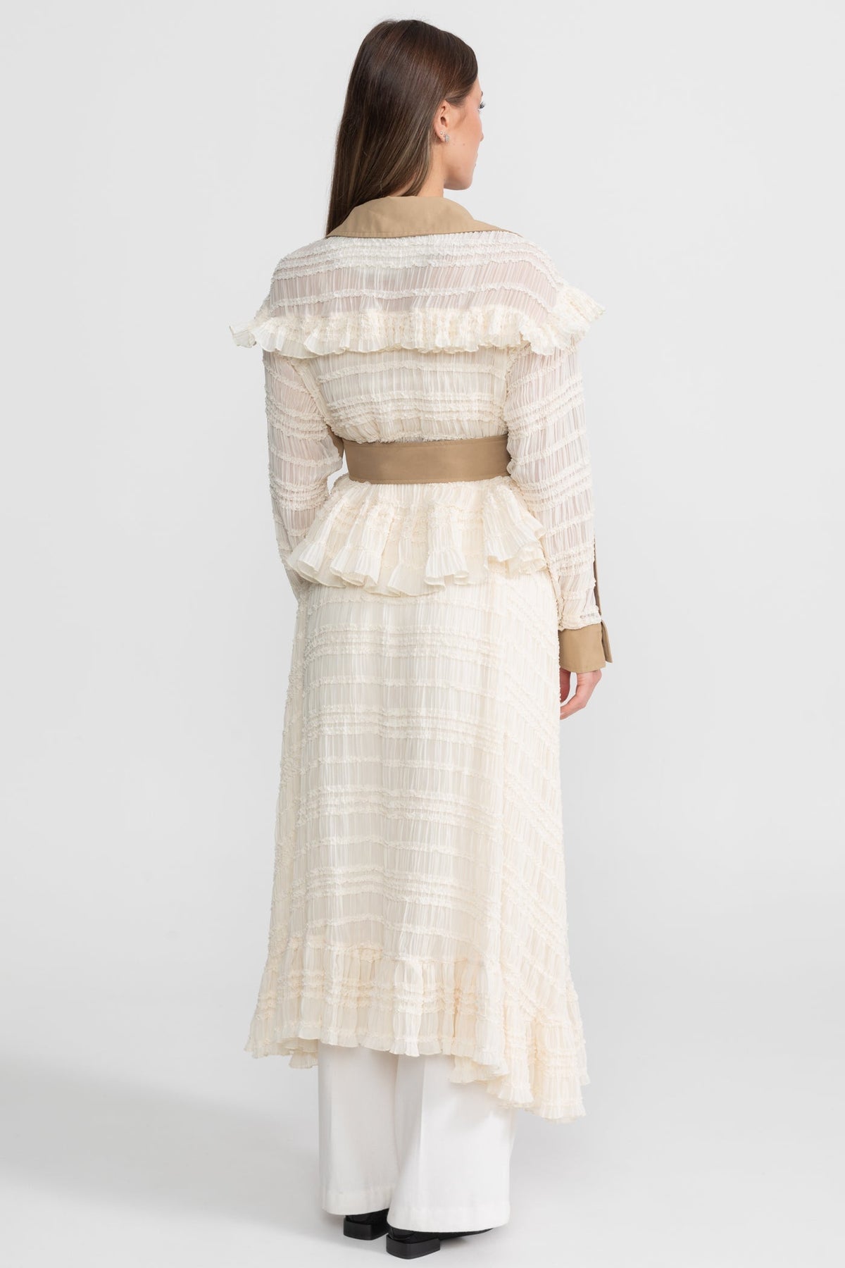 Longline Double-Breasted Lace Panel Trench Coat with Belt – Beige – view 2