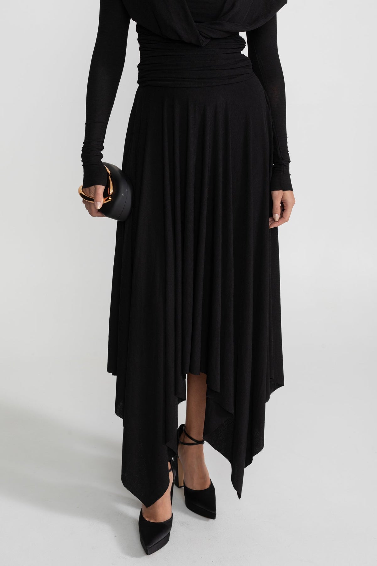 Draped Long Sleeve Jersey Midi Dress with Asymmetric Hem – Black – view 6