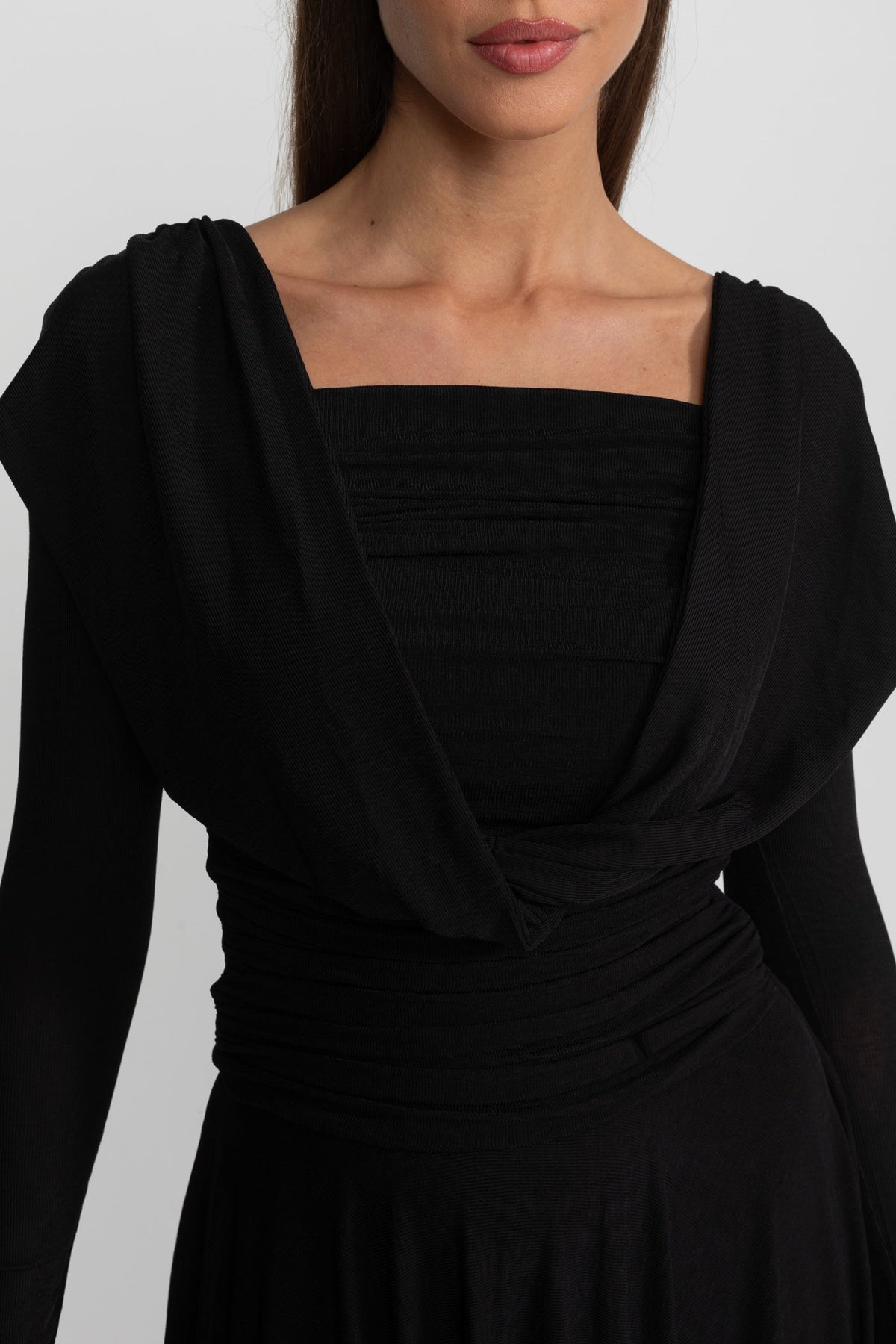 Draped Long Sleeve Jersey Midi Dress with Asymmetric Hem – Black – view 5