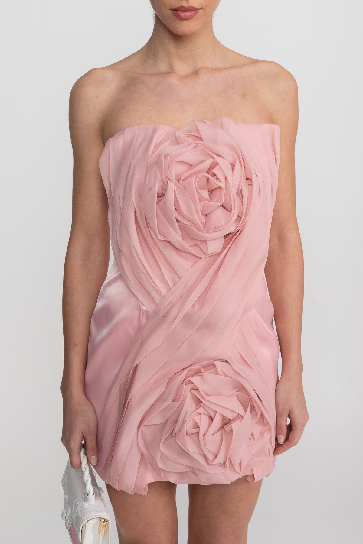 Strapless Bandeau Mini Dress with Draped Bodice and 3D Roses – Blush Pink – view 4