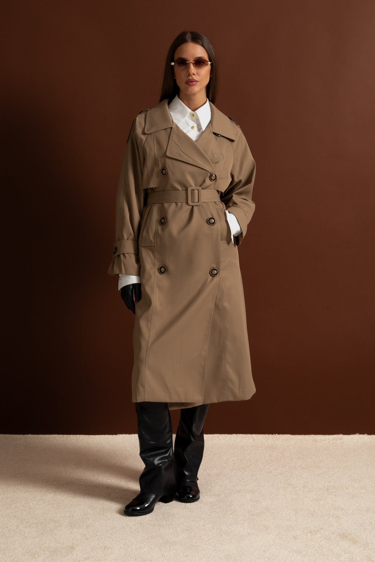 Double-Breasted Midi Trench Coat with Epaulettes and Belt – Khaki – view 6