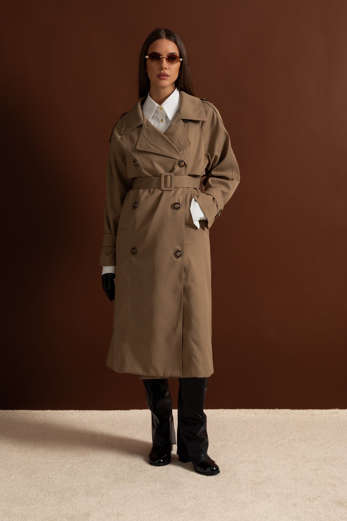 Double-Breasted Midi Trench Coat with Epaulettes and Belt – Khaki – view 7