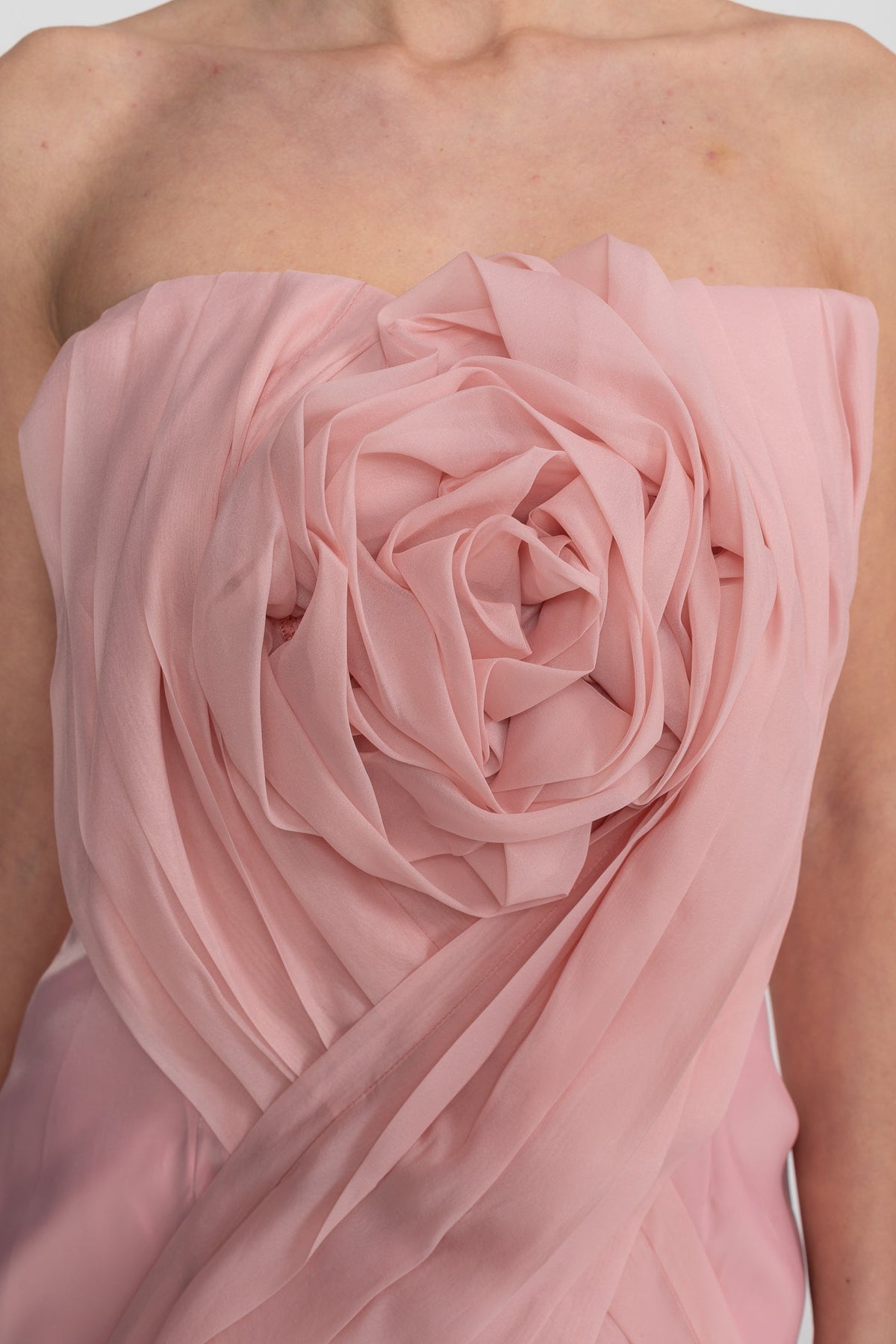 Strapless Bandeau Mini Dress with Draped Bodice and 3D Roses – Blush Pink – view 5