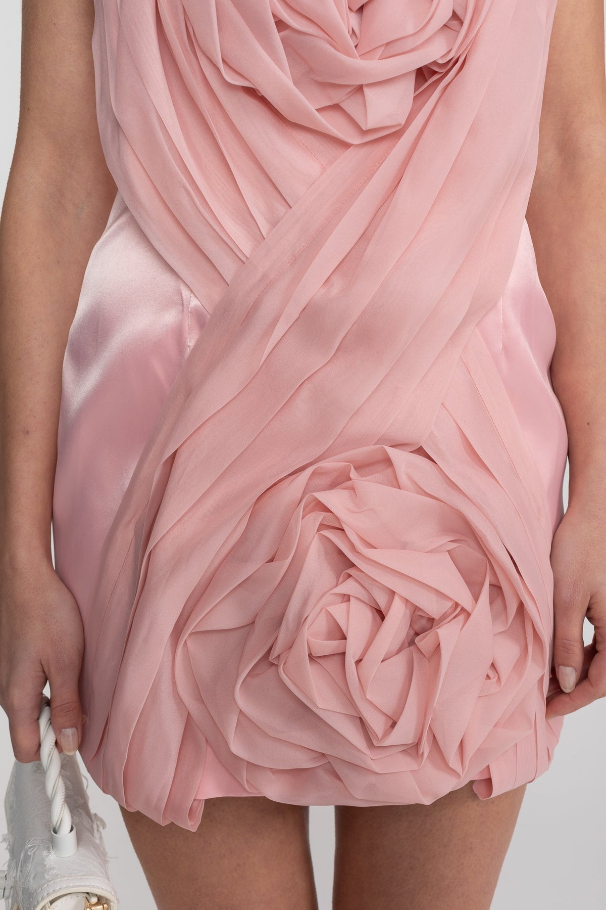 Strapless Bandeau Mini Dress with Draped Bodice and 3D Roses – Blush Pink – view 6