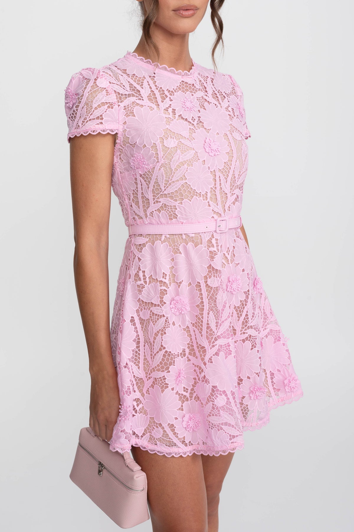 Guipure Lace Scalloped Round Neck Belted A-Line Dress – Pink – view 4