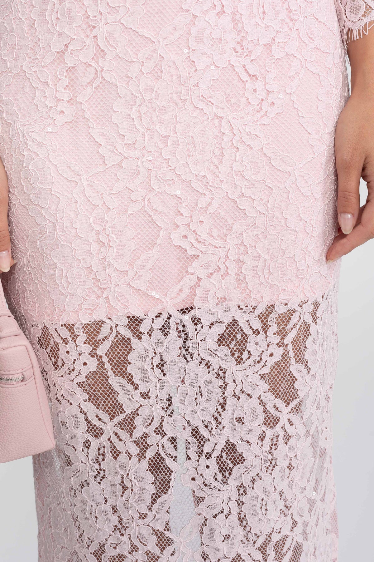 Lace Long Sleeve Midi Dress with Crystal Neckline and Matching Belt – Pink