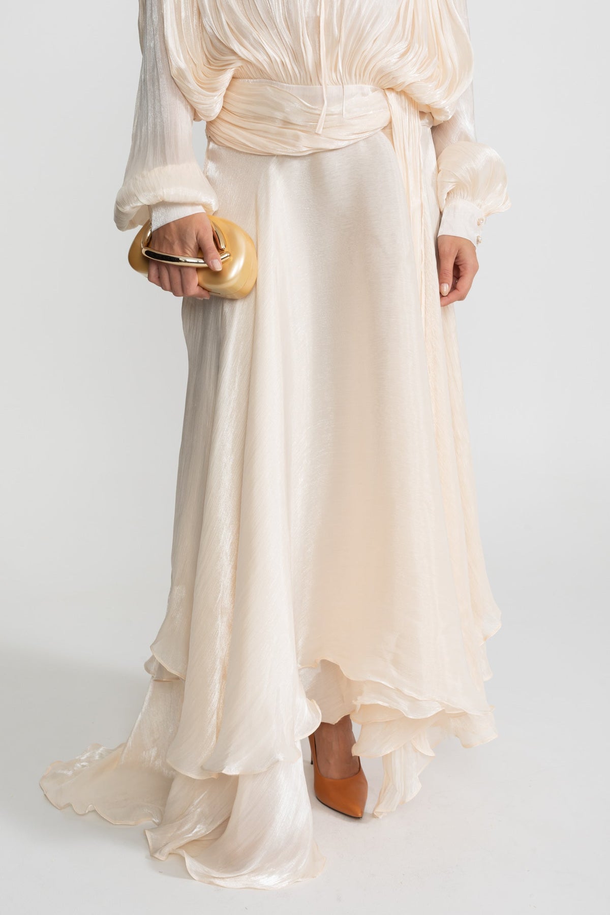 Pleated Bodice Tie Neck Maxi Dress with Draped Skirt – Ivory