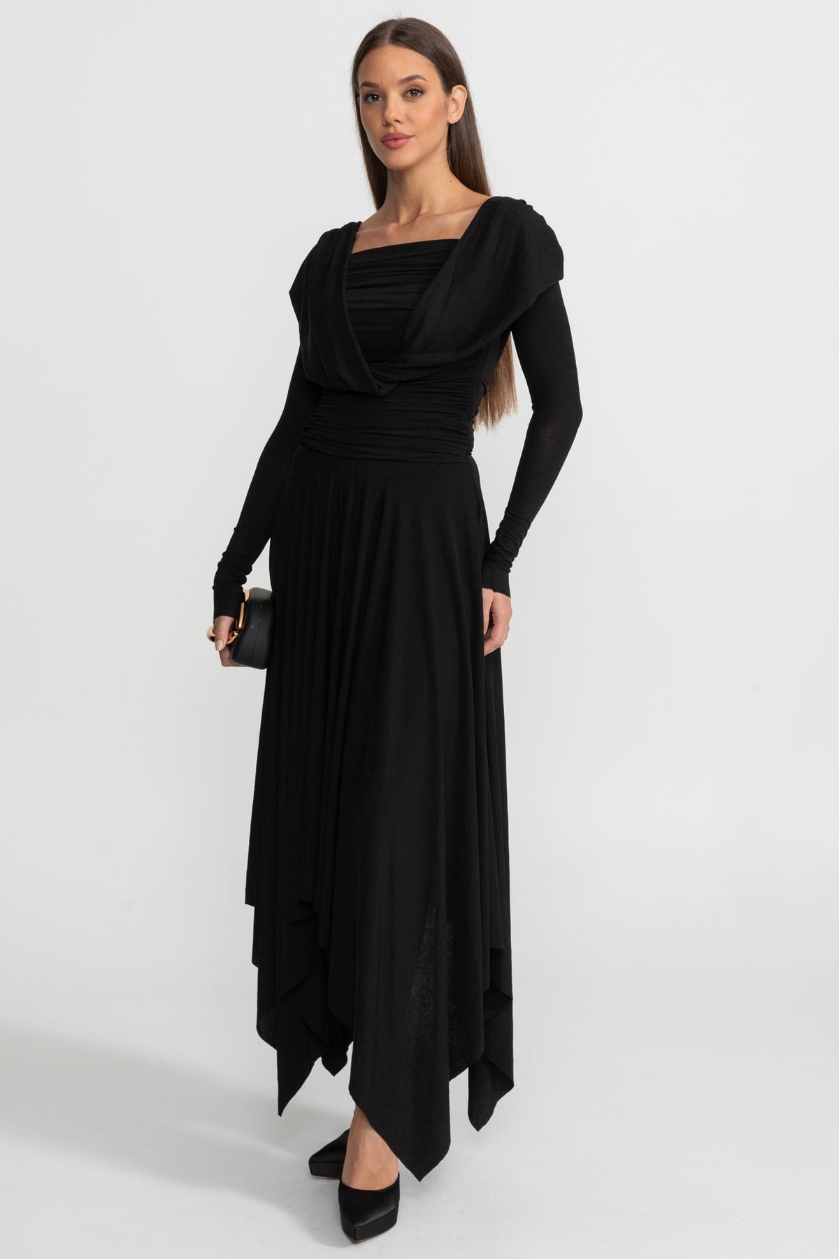 Draped Long Sleeve Jersey Midi Dress with Asymmetric Hem – Black – view 4