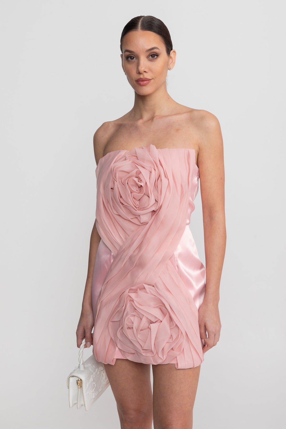 Strapless Bandeau Mini Dress with Draped Bodice and 3D Roses – Blush Pink – view 7