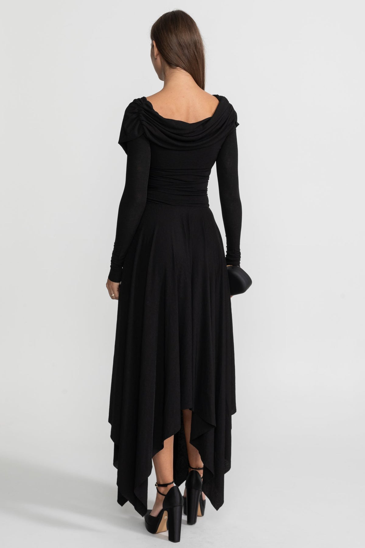 Draped Long Sleeve Jersey Midi Dress with Asymmetric Hem – Black – view 7