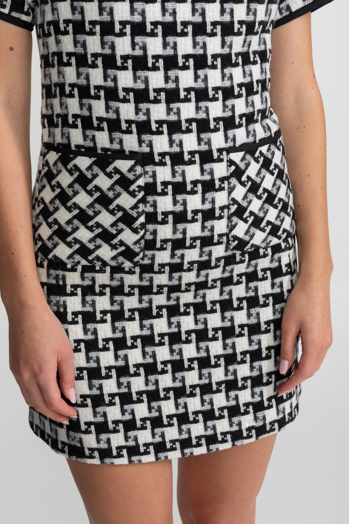 Check Tweed Mini Dress with Keyhole Neck and Velvet Bows – Black & White – view 6