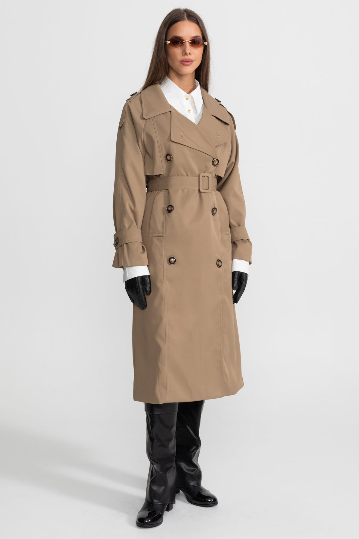 Double-Breasted Midi Trench Coat with Epaulettes and Belt – Khaki – view 4