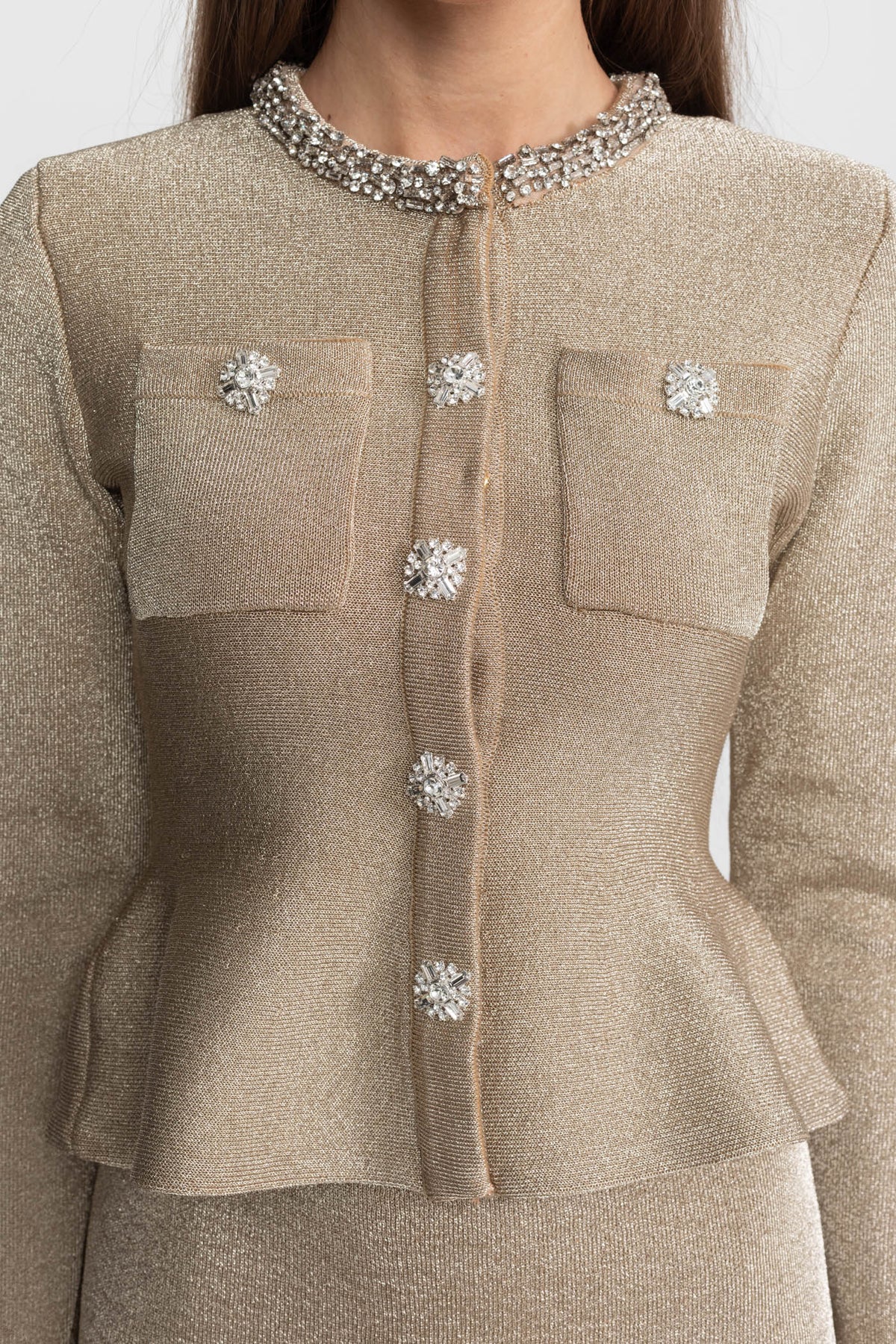 Shimmer Knit Midi Dress with Crystal Buttons and Flared Cuffs – Champagne – view 5