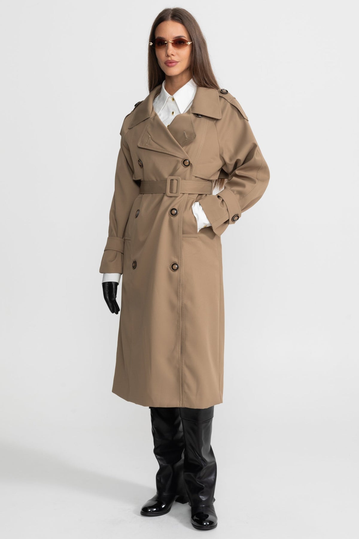 Double-Breasted Midi Trench Coat with Epaulettes and Belt – Khaki