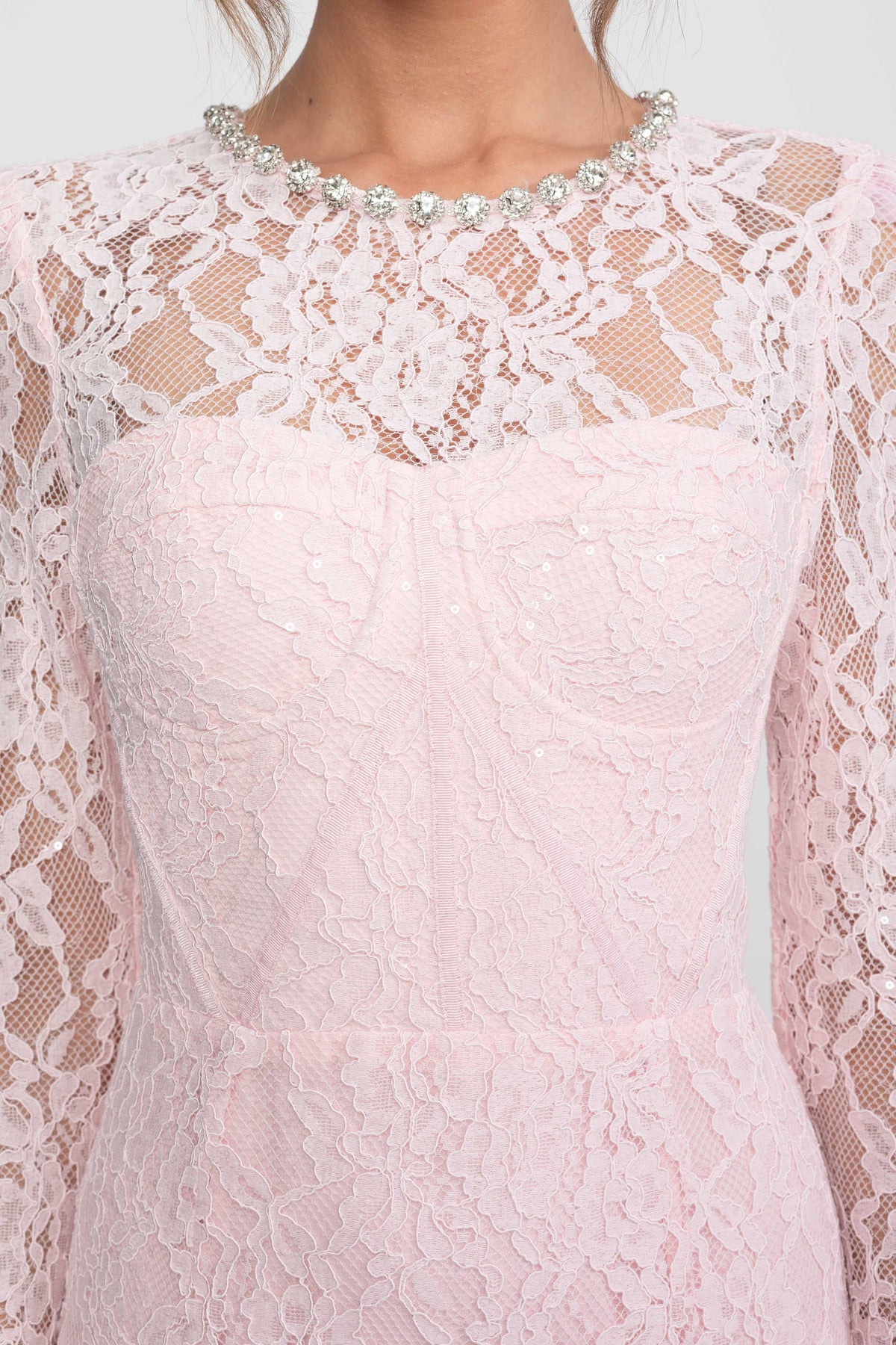 Lace Long Sleeve Midi Dress with Crystal Neckline and Matching Belt – Pink