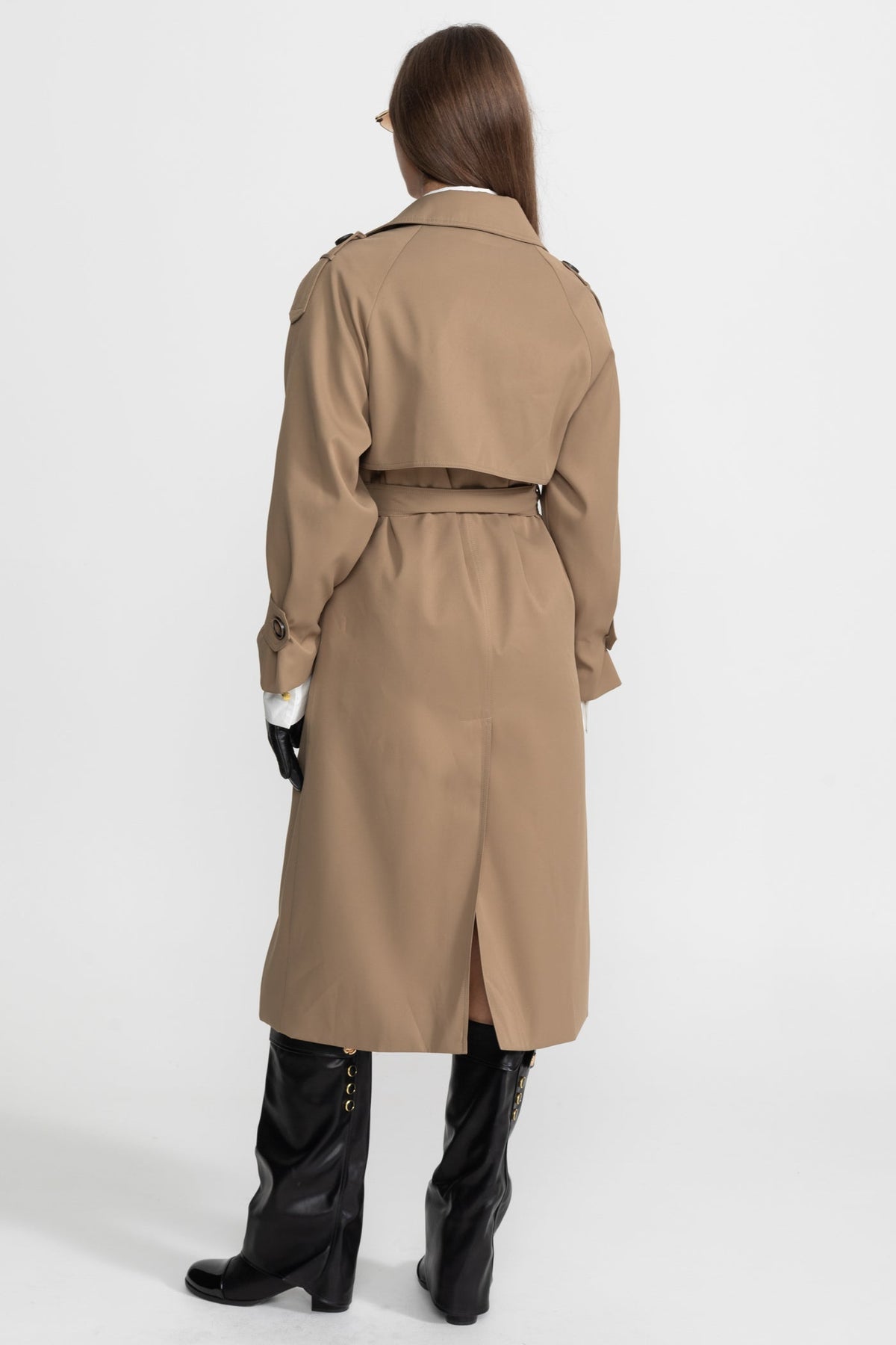 Double-Breasted Midi Trench Coat with Epaulettes and Belt – Khaki – view 5