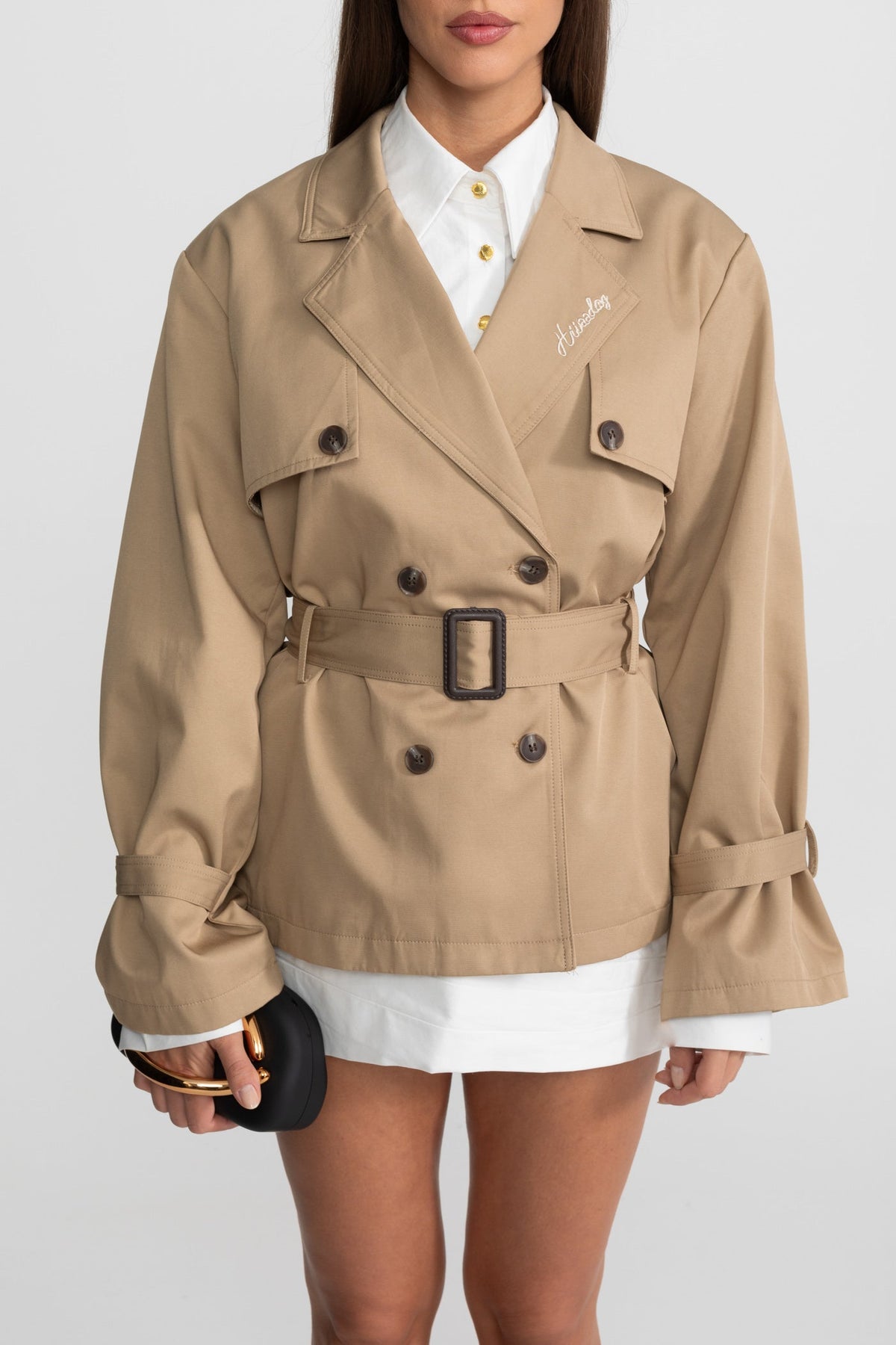 Cropped Double-Breasted Trench Jacket with Belted Waist – Camel – view 5