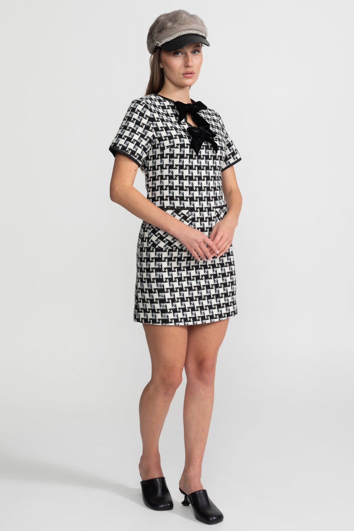 Check Tweed Mini Dress with Keyhole Neck and Velvet Bows – Black & White – view 4