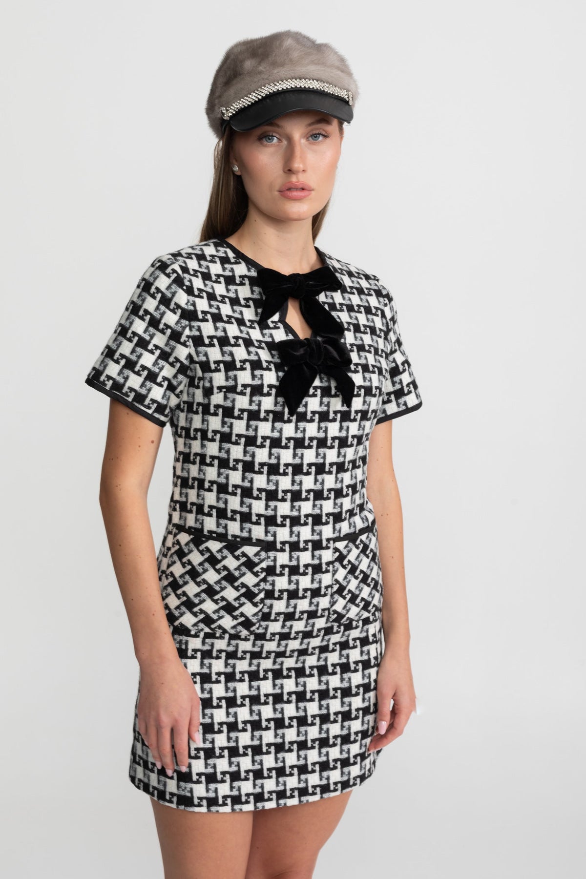 Check Tweed Mini Dress with Keyhole Neck and Velvet Bows – Black & White – view 3