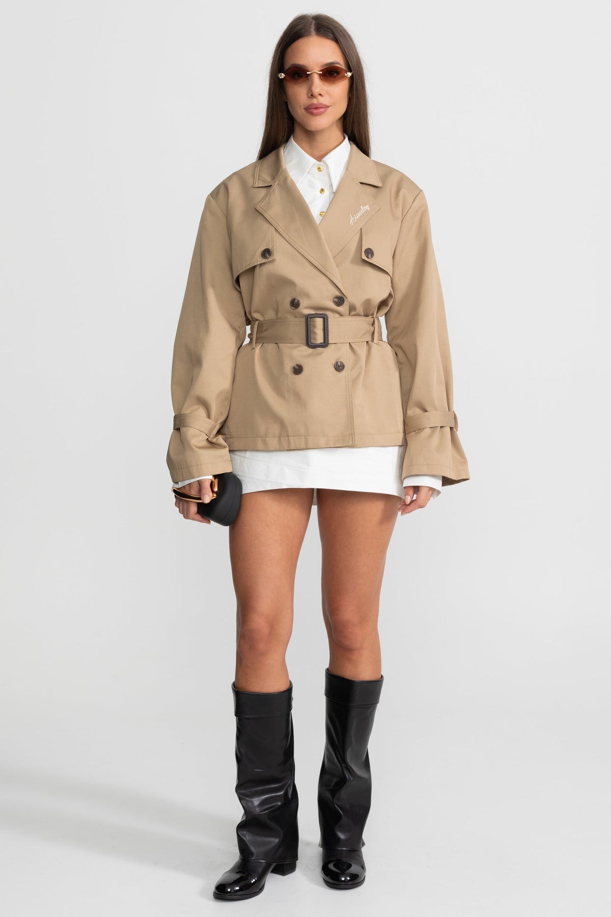 Cropped Double-Breasted Trench Jacket with Belted Waist – Camel – view 1